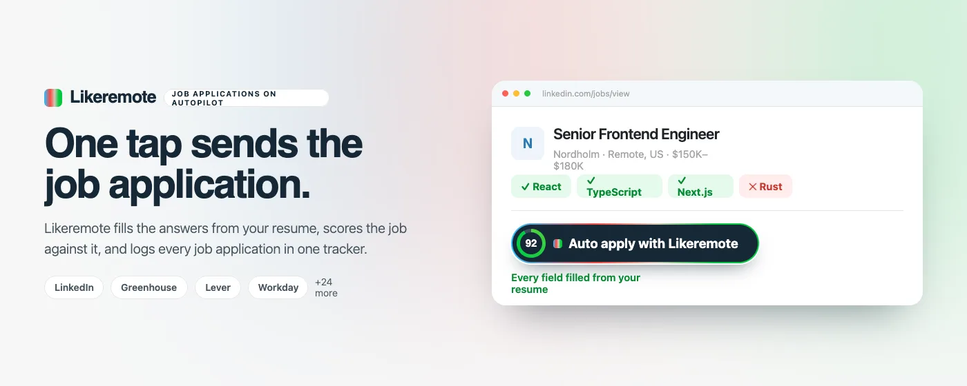 The LikeRemote extension on a LinkedIn job page, showing which of your skills match the job and an Auto apply with LikeRemote button.