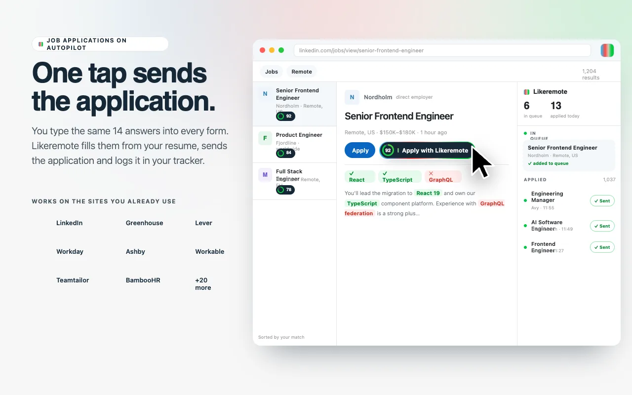 A job page next to the LikeRemote panel, with an Apply with LikeRemote button, the jobs in the queue and the jobs already sent.